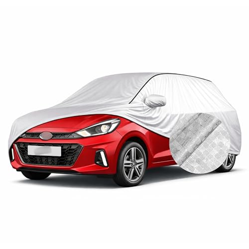 Image of SEAZEN Waterproof Car Cover for Hyundai Aura | Dustproof, UV & Scratch Resistant Soft Cotton Lining | Triple Stitched, Mirror Pockets & Elastic Hem | Metallic Silver with Black Piping