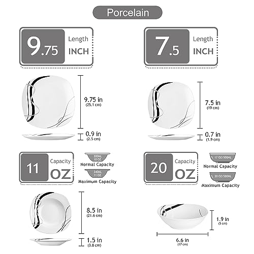 VEWEET FIONA Servizio di Piatti Quadrati in Porcellana Set di Posate 24 Pezzi con 6 Ciotola per Cereali, 6 Piatti Piani, 6 Piatti Fondi e 6 Piatti da Dessert per 6 Persone - immagine 4