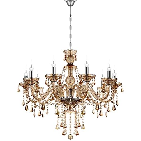 TRY-YEAN Modern 10 Lights Amber Chandeliers Ceiling Light K9 Crystal Glass Candle Style Lighting Fixture with Adjustable Chain Hanging Ceiling Pendant Lamp E14 for Bedroom Living Room Hallway Entry Cover