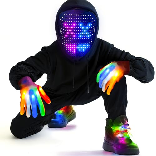 LED Mask & Glow Set with Gesture Sensing, Halloween Rechargeable Mask Light Up Gloves and Shoelaces for Adults, 59 Lighting Effects for Halloween Cosplay Parties