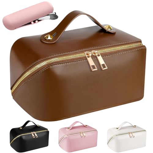 Neceser Maquillaje Grande de PU Cuero - Bolsa de Viaje XXL para Mujer - Organizador de Aseo y Makeup Bag - Accesorios de Viaje (Liso-Marrón)