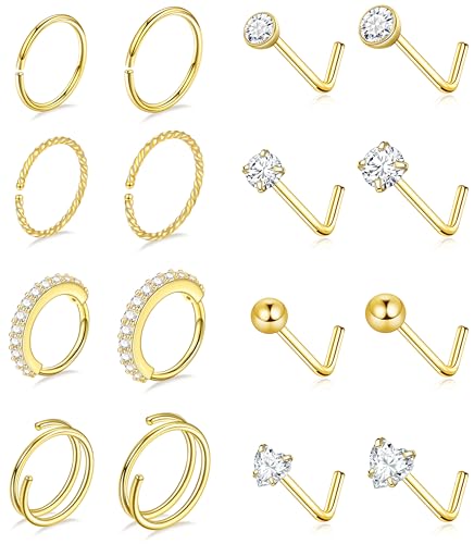 Gemtastic Gold Nose Rings Hoops for Women Nose Studs Jewelry Piercings Surgical Stainless Steel Hypoallergenic