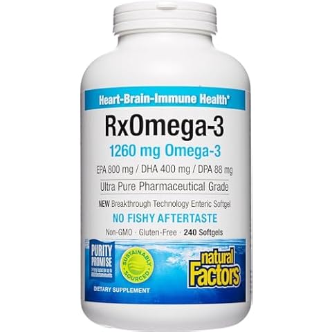 Natural Factors, RxOmega-3 Fish Oil, Pharmaceutical Grade, 1260 mg Omega-3 Per Serving, No Fishy Aftertaste, 240 Count (Pack of 1) Cover