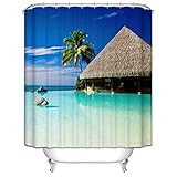 EHOMERY Duschvorhang Ringe Clips Duschrollo Schmal Kokosnussbaum-Hütte Duschvorhang Queen Kurze Duschvorhänge Polyester Rostfreie Ösen Und 12 Hakenringe, 180X200Cm