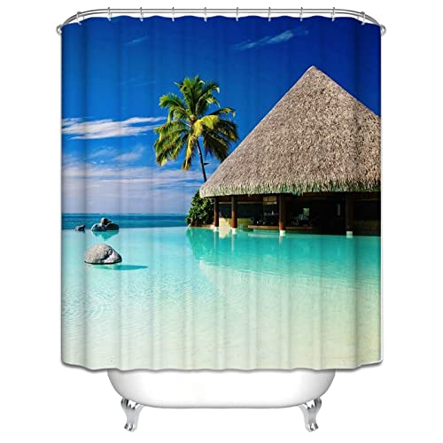 EHOMERY Duschvorhang Ringe Clips Duschrollo Schmal Kokosnussbaum-Hütte Duschvorhang Queen Kurze Duschvorhänge Polyester Rostfreie Ösen Und 12 Hakenringe, 180X200Cm