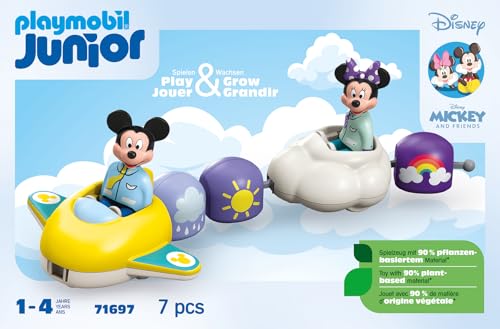 Playmobil 71697 Junior & Disney : Train des Nuages de Mickey et Minnie - avec Un Avion et Un véhicule Nuage - Jouet fabriqué à partir de matière d'origine végétale - Dès 12 Mois