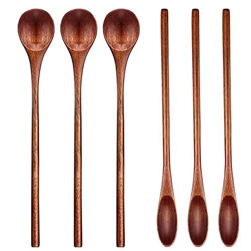 Pasuihcay 6 Pcs Wooden Coffee Spoon Long Handle Wooden Mixing Spoon Wooden Teaspoon Manual Wooden Mixing Spoon for Kitchen Mixing