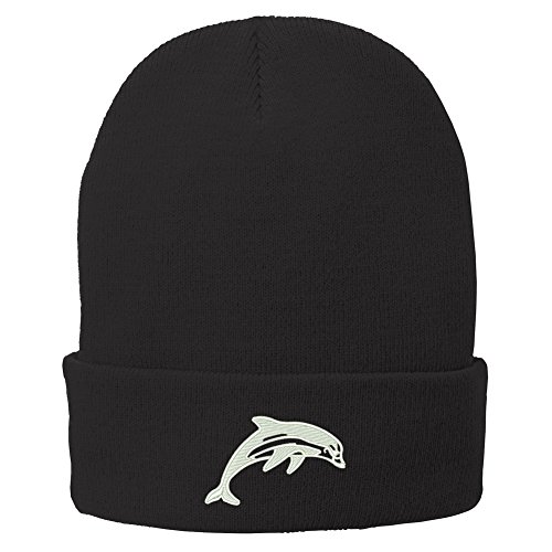 Trendy Apparel Shop Dolphin Embroidered Winter Knitted Long Beanie - Black
