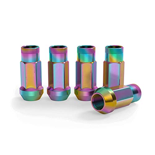 StanceMagic 20pcs Neochrome 12x1.5 Extended Tuner Lug Nuts - Open End, Cone Seat, 50mm (2\") Length, 22mm (0.87\") Width, 17mm Hex - Compatible with Acura Honda Lexus Mazda Scion Kia Toyota Hyundai