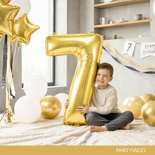 Image of PartyWoo Metallic Gold Number 7 Balloon 40 Inch 25pcs Gold Foil Star White