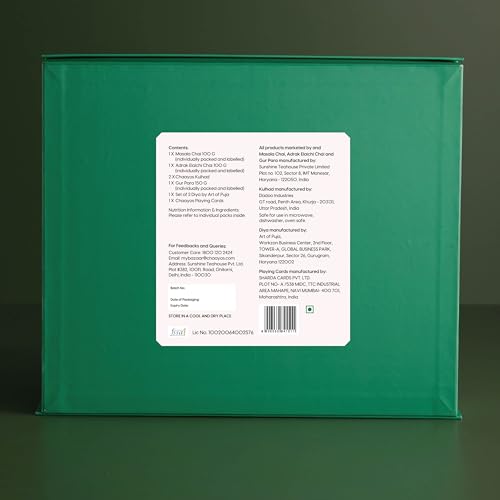 Image of Chaayos Divine Diwali Gift Box | Diwali gift Hamper with that includes Chai tin (Masala chai & Adrak Elaichi), 2 Ceramic Kulhads (Pink & Green), Set of 2 Diyas, Diwali Playing Cards, Gur Para for Family & Friends | Premium Diwali Gift Set