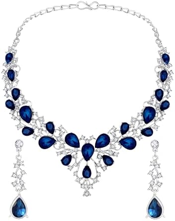 Atasi International Silver Plated Blue Emerald Style Crystals American Diamond Style Crystals Necklace with Earrings Jewellery Set for Women Suited for Party, Wedding, Engagement (RB5916)
