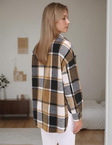 Women's Casual Plaid Shacket Long Sleeve Button Down Flannel Shirts Jacket Coats with Side Pockets3