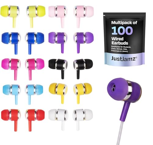 Écouteurs colorés JustJamz en lot de 100 pour les écoles et les voyages en groupe