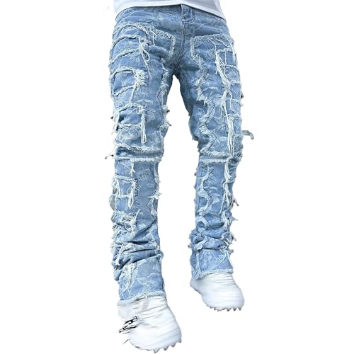Maiyifu-GJ Jeans for Men Tassels Decoration Straight Fit Casual Patchwork Denim Trousers Stretch Street Style Denim Pants