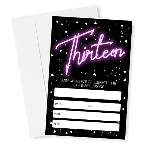 Neon 13th Birthday Invitations, Glow Theme Birthday Party Invites Decorations, Kids Adults Birthday Party and Events Supplies, 20 Fill-in Invites Cards with Matching Envelopes(YQK-022) Cover