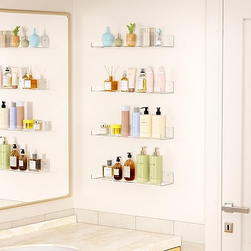 upsimples 6 Pack Acrylic Shelves for Wall Storage, 15" Floating Bookshelves for Kids, Display Shelf Organizer for Bathroom, Bedroom, Living Room, Kitchen, Room Decor, Clear