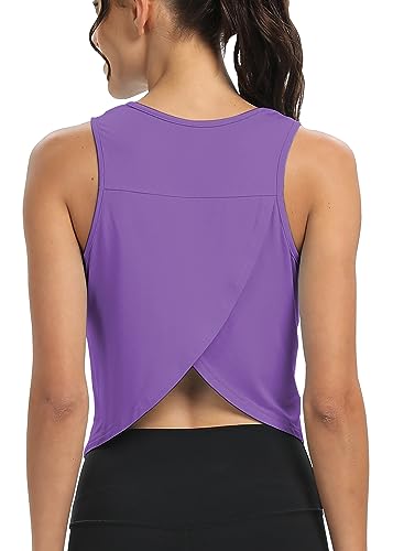 Image of Mippo Workout Tops for Women Cropped Open Back Sleeveless Tank Tops Athletic Gym Yoga Shirts Loose Fit