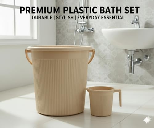 Image of MODWARE Plastic Bucket Set with Mug, 20L Bucket with 1L Mug, Polypropylene, Round Shape, (Cream, 20 L)