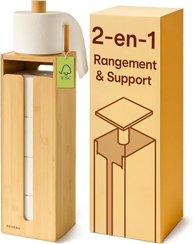 Praknu Porte Papier Toilette sur Pied Bois - Rangement Papier Toilette Bambou FSC avec Couvercle Magnétique pour 4 Rouleaux - Peu Encombrant - Antidérapant