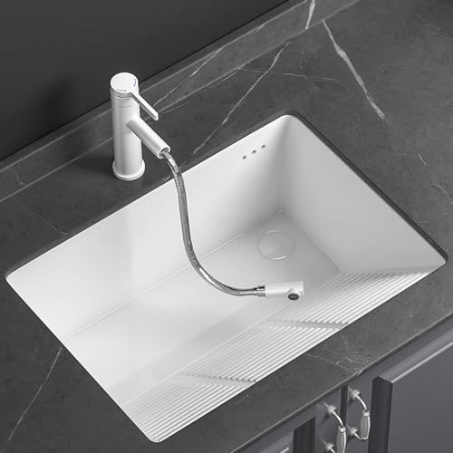 Lavadero Pila Exterior con Tabla de Lavar Integrada, de Cerámica, de Instalación Empotrada, Fregadero con Kit de Desagüe, para Cuarto de Lavandería(595mm/23.4in)