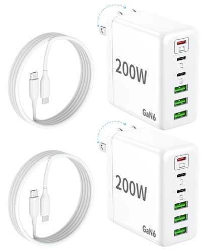 2 Pack USB C Charger Block, 200W GaN Super Fast Charger Type C iPhone 17 16 Fast Charging 6 Port Foldable PD Charging Station for All iPhone/Android Phone Samsung Galaxy S25/S24/MacBook iPad