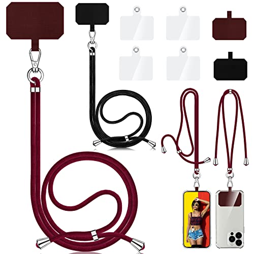 Aulese 2 Stück Handykette Universal, Unisex Einstellbares Handyband zum Umhängen, Handyschnur Schlüsselband mit 6 Pad Kompatibel mit Alle Smartphone, Handyhülle Kette Lanyard (Schwarz + Weinrot)