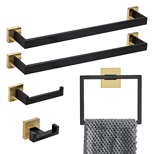 5-teiliges Mattle Black and Brushe Gold Badezimmer Hardware Set, Lava Odoro Handtuchstange Set 23,6 Zoll Handtuchhalter Set Edelstahl Wandmontage, Badezimmer Hardware Zubehör Kit Cover