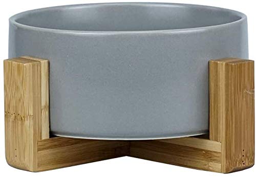 Futternapf Katze mit Bambus Halter - Futterstation Keramiknapf für Katzen Hunde - Keramik Fressnapf Set Futterbar mit Holz Halterung (Grau) Cover