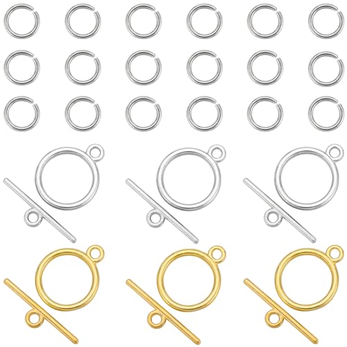 SUNNYCLUE 1 Box 60 Sets OT Clasps Gold Toggle Clasp 200Pcs Stainless Steel Open Jump Rings Tibetan Silver Alloy Round Metal Toggle Clasps Connectors for Jewellery Making DIY Crafts Necklace Bracelet