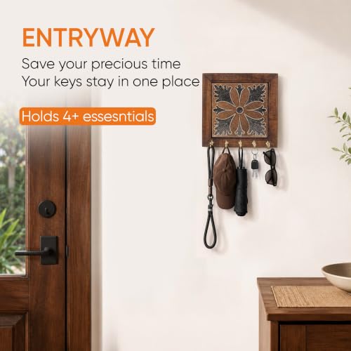 Image of AAKRITI ART CREATIONS Key Holder, Brown Orchid Handcrafted Key Holder Panel | Rustic Ceramic & Wood Wall Organizer with 5 Hooks | New Home Gifts| Multifunctional Entryway Decor