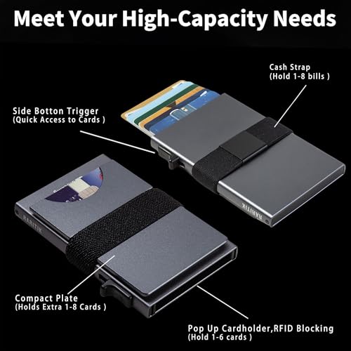 Image of Card Holder Wallets for Men | Slim Aluminum Wallet | RFID Blocking Minimalist Metal Pop Up Wallet | Money Clip & Cash Band | Expandable Compact Plate | Men's Accessories & Gifts for Men,Grey