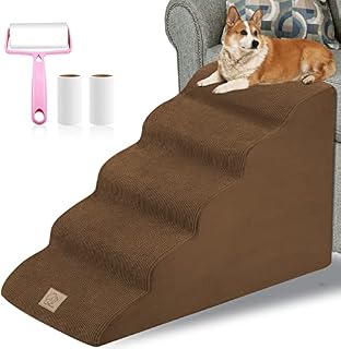 5-Step Dog Stairs, Extra Large Pet Steps for High Bed Pet Ramp Ladder with Washable Plush Cover & High Density Foam for Small Dogs and Cats, Send Sticky Lint Roller Set, LightBrown