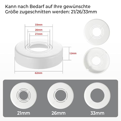 Beekeg Heizungsrohr Rosette,Heizkörper Rosetten,Rohrabdeckung,Abdeckrosetten,Variabler Innendurchmesser(21/26/33mm) Rosetten für Heizkörperrohre/Dusche/Wasserhahn-4 weiß