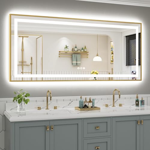 Image of 72x32 Inch LED Bathroom Mirror with Gold Frame, Backlit & Front Lit, Lighted Wall Mirrors for Bathroom Vanity, Touch Screen Dimmable, Anti-Fog, Memory Function, HD Tempered Glass, Shatter-Proof