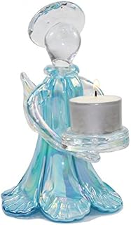 Fitting Gifts Imports Tall Glass Angel Tealight Holder with Pearlescent Finish in Aqua Blue