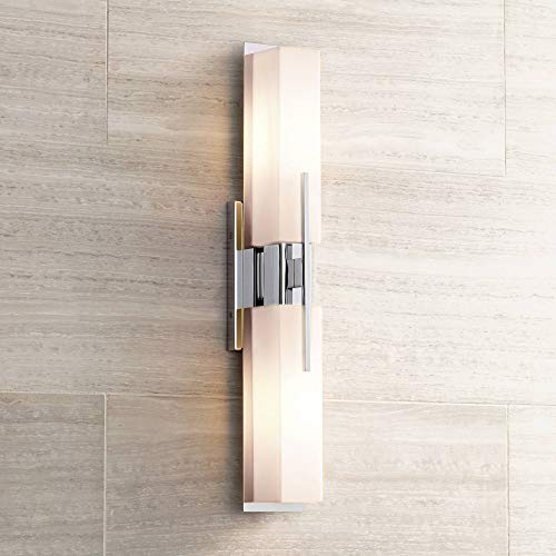 Image of Possini Euro Design Midtown Mid Century Modern Wall Mount Light Chrome Silver Metal 23 1 /2 inch Wide 2-Light Vanity Fixture Rectangular White Glass Shades Decor for Bathroom Over Mirror House Home