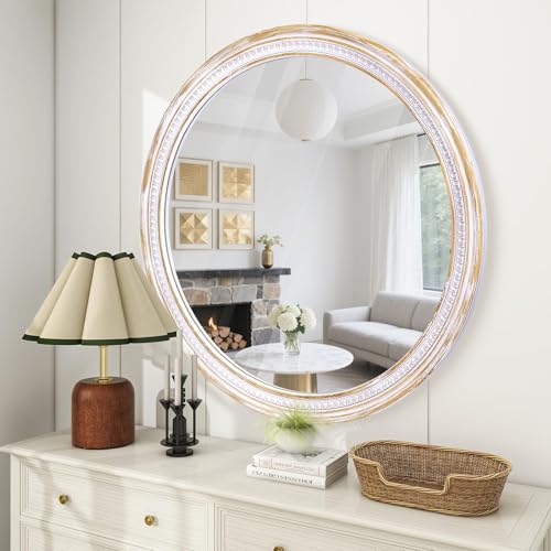 Image of 30 Inch Round Wood Mirror, Rustic Farmhouse Wall Mirrors for Bathroom | Boho Accent, Vanity Styling, Decorative Circle Look for Living Room, Entryway, Bedroom, Hallway, and Fireplace Mantel