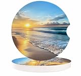 Small Car Coasters for Cup Holders 2.65' Absorbent 2 Pack Car Coaster Ceramic Stone for Drinks Absorb Water Drops Ocean Theme Sand Beach Wave Sea Water Pattern
