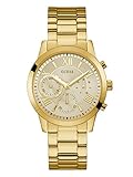 GUESS Classic Gold-Tone Stainless Steel Bracelet Watch with Day, Date + 24 Hour Military/Int'l Time. Color: Gold-Tone (Model: U1070L2)
