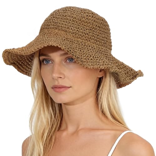 Oweisong Sun Hats for Women Wide Brim Floppy Beach Hats Packable Boho Crochet Straw Hat for Summer Vacation Travel Khaki