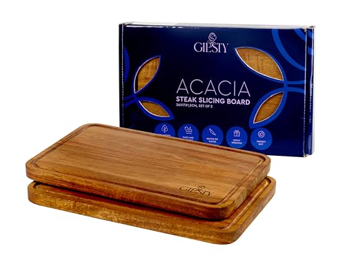 Giesty® Tabla de servir, tabla para carne con canal para jugos, tabla de cortar, tabla para embutidos, quesos, carne, verduras y fiambres – Set de 2 unidades (Acacia, 26 x 17cm)