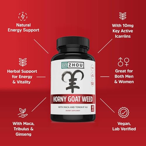 Zhou Horny Goat Weed - Herbal Extract for Men & Women, Supplement with Maca, Tribulus, Tongkat Ali & Ginseng, Maximum Strength for Health & Energy - 60 Veggie Capsules