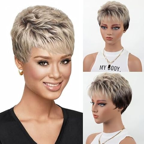 XIUFAXIRUSI XIUFAXIRUSI Ombre Blonde Pixie Cut Wig for White Black Women Short Layered Pixie Wig with Bangs Glueless Tapered Natural Hair Replacement Synthetic Wig Cover