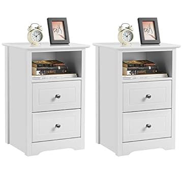 Yaheetech Bedside Tables Set of 2, Wooden Nightstand with 2 Storage Drawers, Open Compartment, Sturdy Modern Cabinet for Bedroom, Living Room, 35x40x60 cm, White