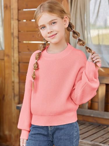Image of Haloumoning Girls Knit Pullover Sweaters Mock Neck Long Lantern Sleeve Jumper Tops 5-14 Years
