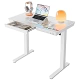 HUANUO 88 x 50 cm Bureau Assis Debout Bureau Réglable en Hauteur en Verre avec Tiroir, Port Recharge USB & Panneau Intelligent à 3 Mémoires, Verre Blanc