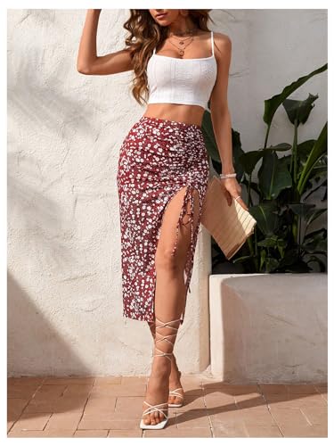 Verdusa Women's Backless Crop Cami Top and Drawstring Bodycon Skirt Sets 2 Piece Outfits Red White X-Large4