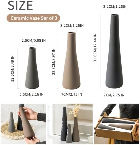 Ceramic Vase Set of 3, Neutral Pottery Vases Home Decor Modern Flowers Decoratives Vases Rustic Farmhouse Decoration for Table Mantel Entryway Bookshelf Living Room Bedroom Kitchen Bathroom