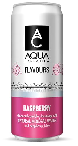 AQUA Carpatica Sparkling Flavours Raspberry 330ml x 4 - Natural Fruit Juice Infused Sparkling Water, No Added Sugar, Naturally Alkaline, Sweetened with Agave Syrup, Rich in Minerals